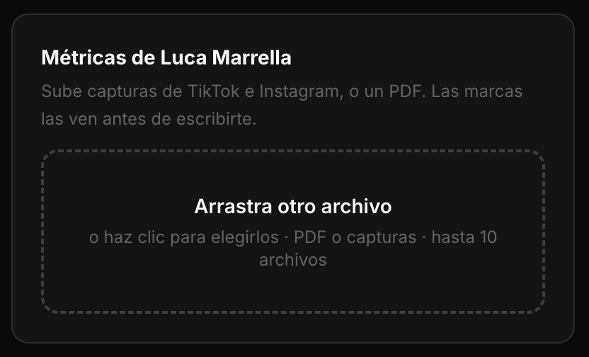 Panel de Chispla para subir métricas: zona para arrastrar capturas de TikTok e Instagram o un PDF
